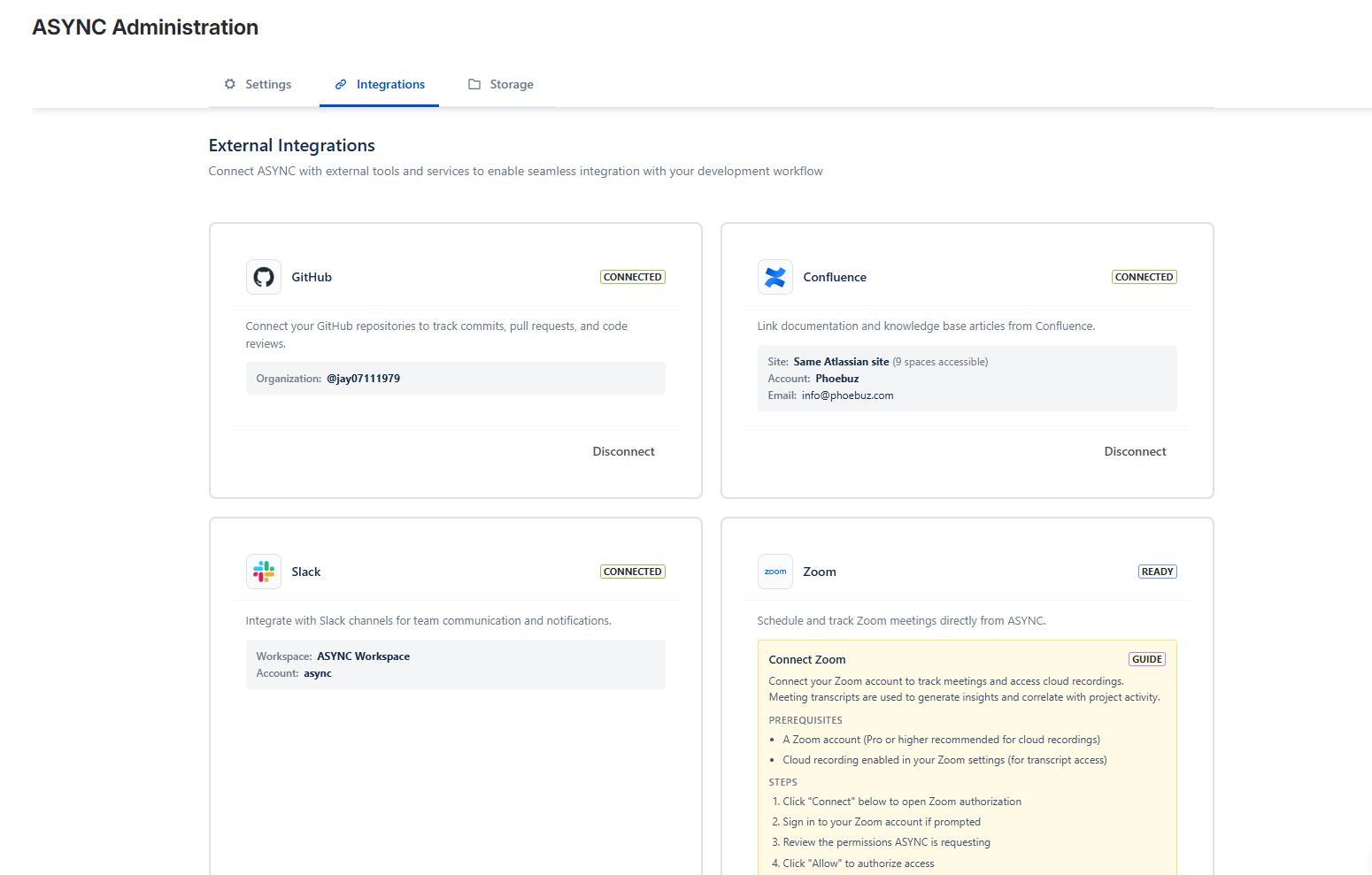 OAuth Integrations tab showing source control, messaging, meetings, and documentation cards
