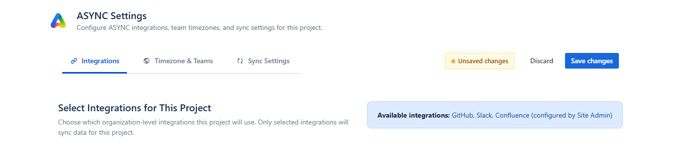 ASYNC Project Settings overview with three tabs
