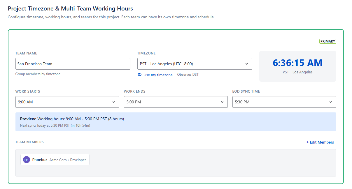Timezone and Teams tab with multiple team cards and handoff preview
